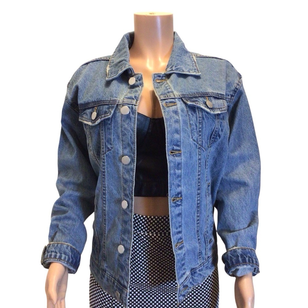 Original Use Women’s Oversized Denim Jacket Blue Medium Wash Button Front Size S